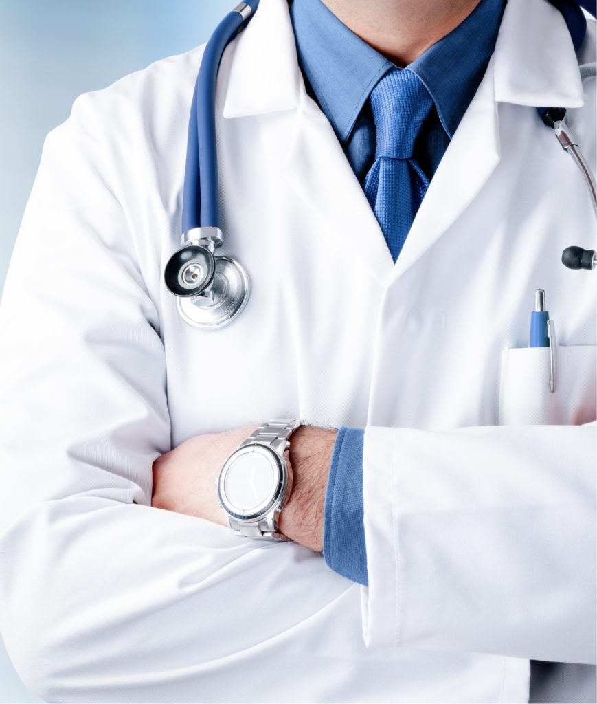 Close-up on doctor's lab coat and stethoscope